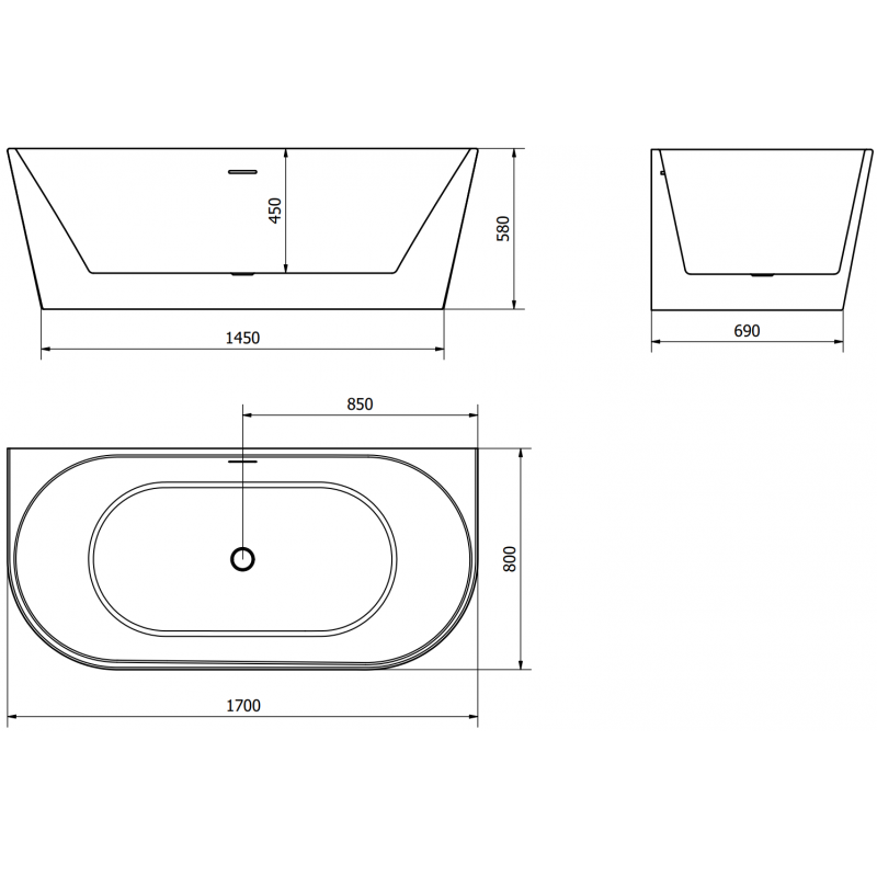 Mexen Oval voľne stojaca závesná vaňa 170 x 80 cm, biela/čierna, biely preliv - 52671708075-20