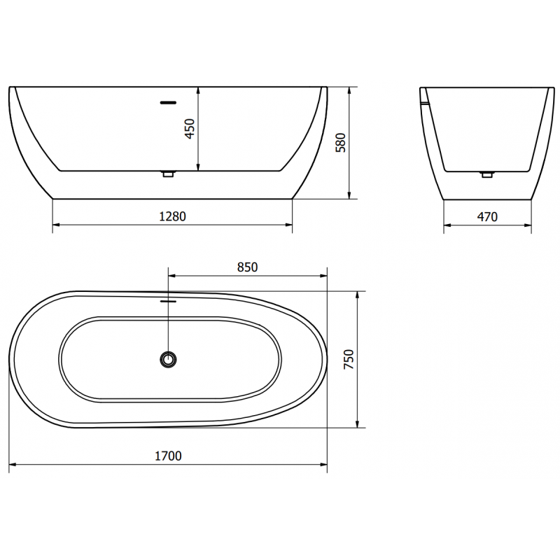 Mexen Eos voľne stojaca vaňa 170 x 75 cm, biela/čierna, prepad gun metal - 52471707575-95