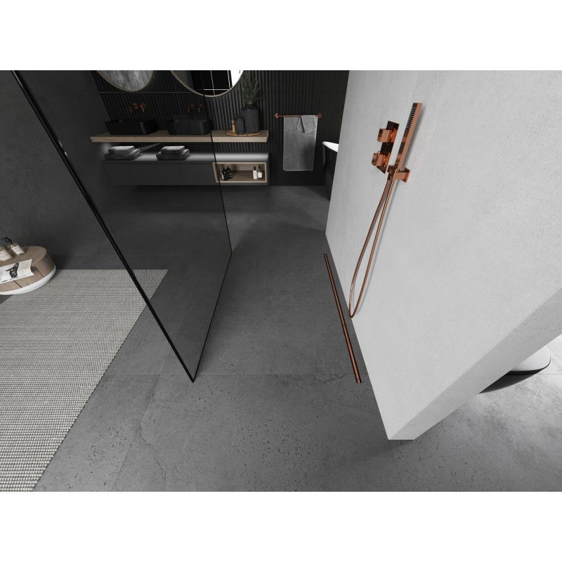 Mexen Kioto samostatne stojaca sprchová stena 130 x 200 cm, čierny rám 8 mm, kartáčovaná meď - 800-130-002-65-70