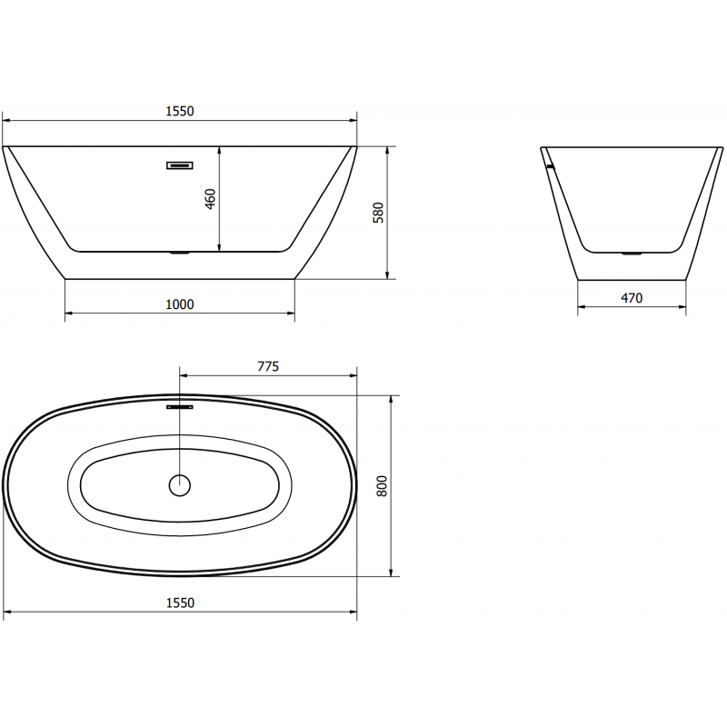 Mexen Eris samostatne stojaca vaňa 155 x 80 cm, biela/čierna, biely prepad - 53441558075-20