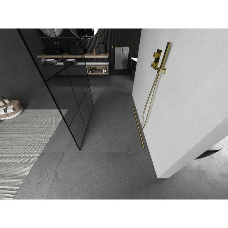 Mexen Kioto voľne stojaca sprchová stena 120 x 200 cm, čierna mriežka 8 mm, zlatá kartáčovaná - 800-120-002-55-77