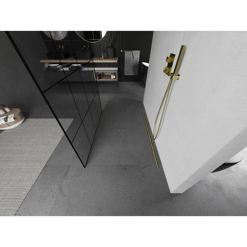 Mexen Kioto voľne stojaca sprchová stena 160 x 200 cm, čierna mriežka 8 mm, zlatá kartáčovaná - 800-160-002-55-77