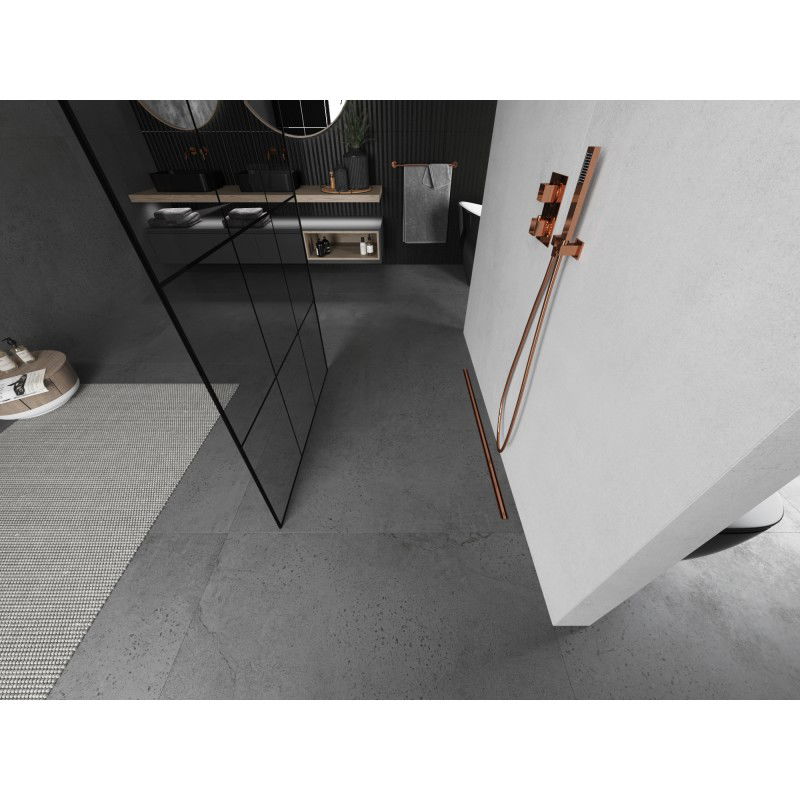 Mexen Kioto Samostatne stojaca sprchová stena 110 x 200 cm, čierna mriežka 8 mm, brúsená meď - 800-110-002-65-77