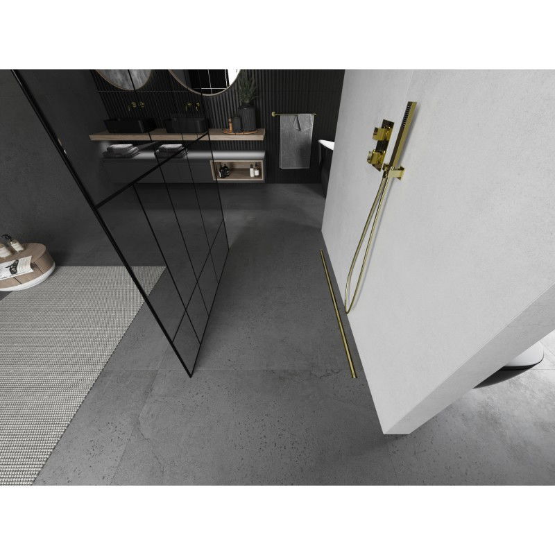 Mexen Kioto voľne stojaca sprchová stena 140 x 200 cm, čierny vzor 8 mm, zlaté brúsené - 800-140-002-55-78