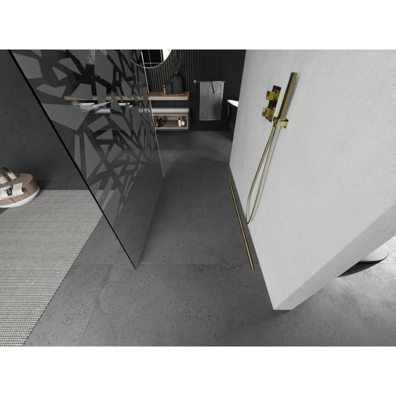 Mexen Kioto voľne stojaca sprchová stena 140 x 200 cm, biely vzor 8 mm, zlatá kartáčovaná - 800-140-002-55-85