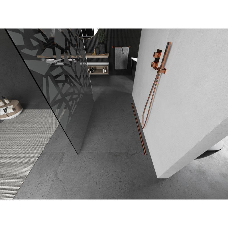 Mexen Kioto samostatne stojaca sprchová stena 110 x 200 cm, biely vzor 8 mm, brúsená meď - 800-110-002-65-85