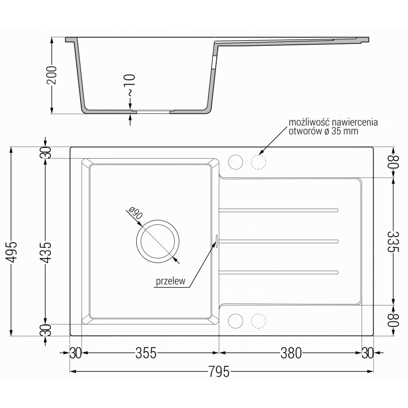 Mexen Bruno granitový drez 1-komorový s odkvapkávačom 795 x 495 mm, čierny/zlatý metalický, sifón zlatý