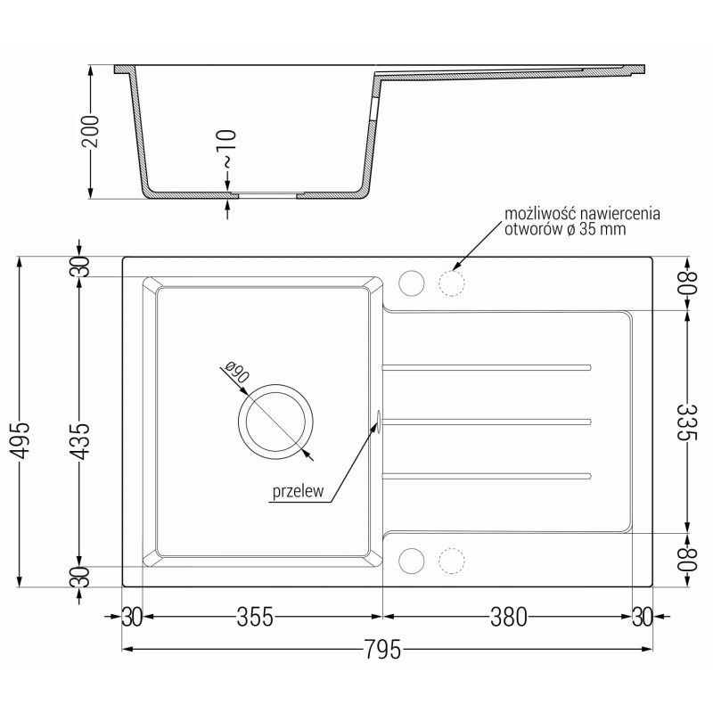 Mexen Bruno granitový drez s jednou komorou a odkvapkávacím miestom 795 x 495 mm, béžový, čierny sifón - 6513791010-69-B