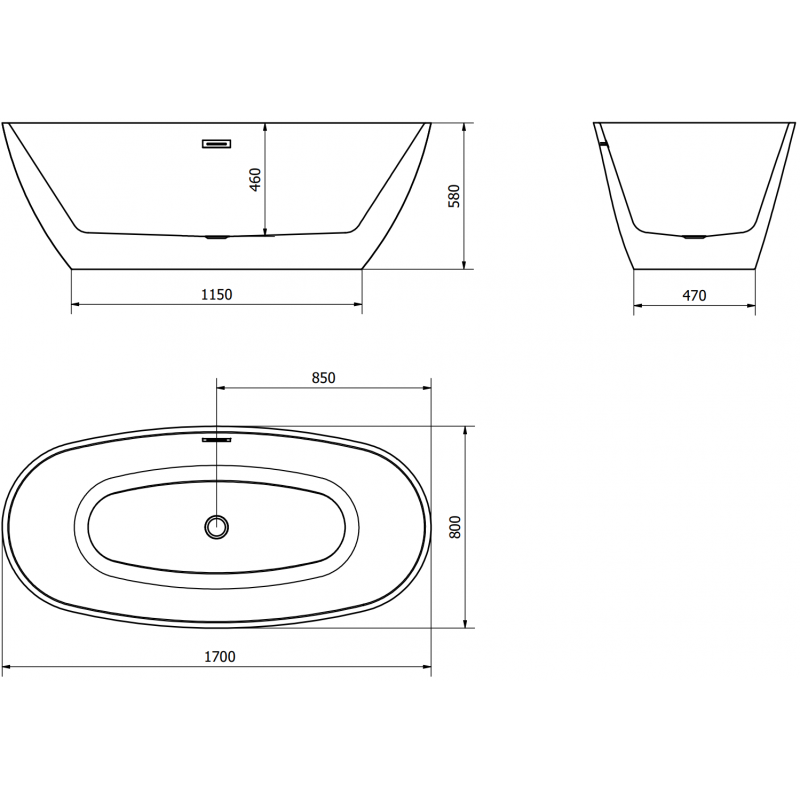 Mexen Eris voľne stojaca vaňa 170 x 80 cm, čierna, biely prepad - 53441708070-20