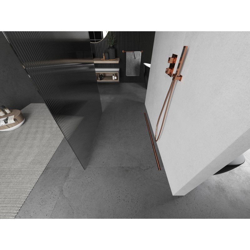 Mexen Kioto Sprchová stena voľne stojaca 100 x 200 cm, prúžky 8 mm, brúsená meď - 800-100-002-65-09