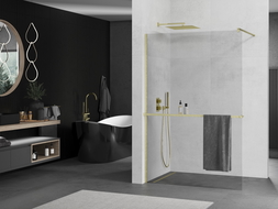 Mexen Kioto+ sprchový panel so sklenenou poličkou Walk-in 70 x 200 cm, transparentný, zlatý brúsený - 800-070-121-55-00