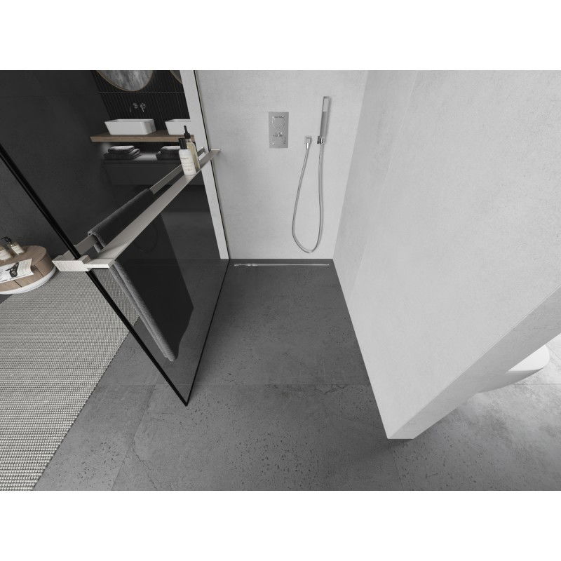 Mexen Kioto+ sprchová stena s poličkou Walk-in 90 x 200 cm, čierny rám, brúsený nikel - 800-090-121-97-70