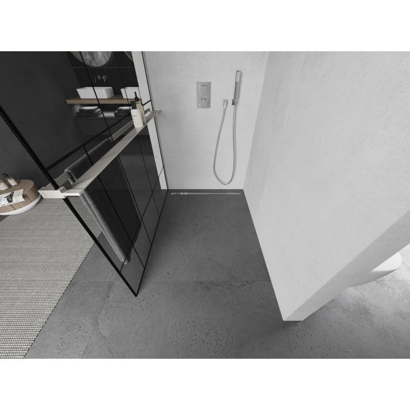 Mexen Kioto+ sprchová stena s poličkou Walk-in 100 x 200 cm, čierny vzor, kartáčovaný nikel - 800-100-121-97-78