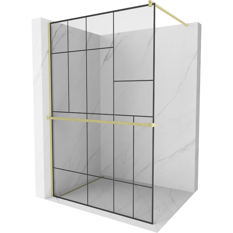 Mexen Kioto+ sprchová stena s policou Walk-in 110 x 200 cm, čierny vzor, zlatá kartáčovaná - 800-110-121-55-78