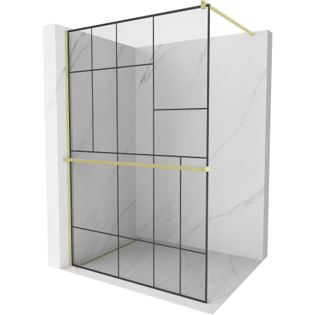 Mexen Kioto+ sprchová stena s policou Walk-in 110 x 200 cm, čierny vzor, zlatá kartáčovaná - 800-110-121-55-78