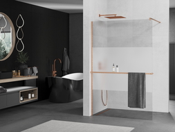Mexen Kioto+ sprchová stena s poličkou Walk-in 70 x 200 cm, transparentná/matná, brúsená meď - 800-070-121-65-35