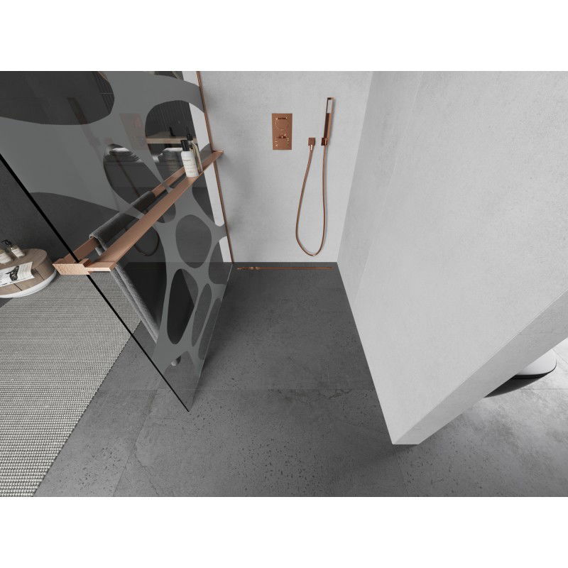 Mexen Kioto+ sprchová stena s poličkou Walk-in 100 x 200 cm, biela vlna, brúsená meď - 800-100-121-65-97