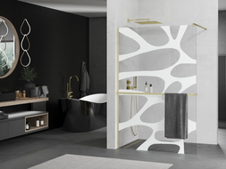Mexen Kioto+ sprchová stena s Walk-in poličkou 70 x 200 cm, biely vzor, zlatý kartáč - 800-070-121-55-97