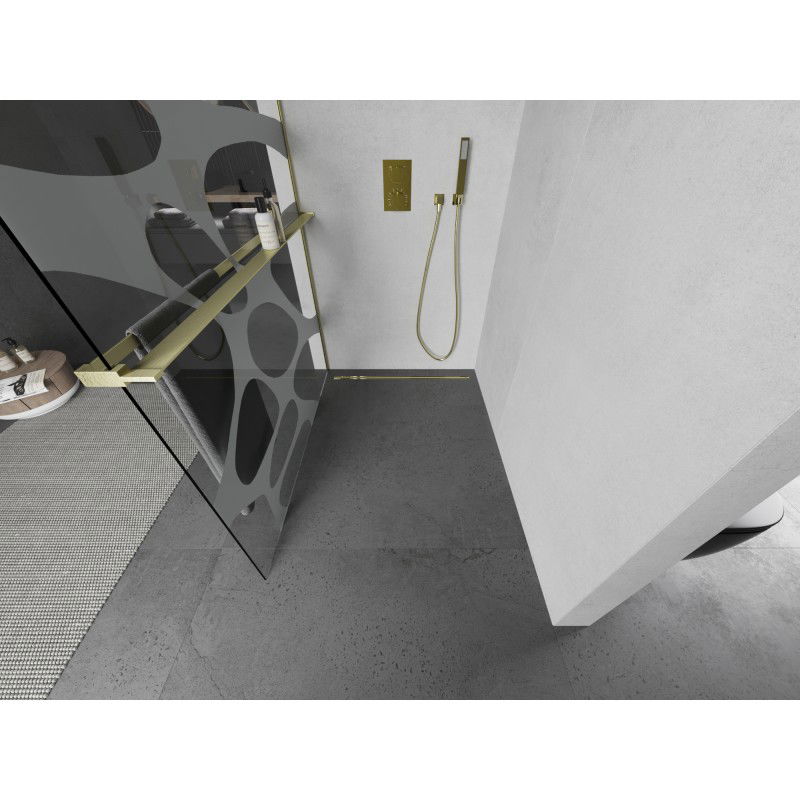 Mexen Kioto+ sprchová stena s poličkou Walk-in 100 x 200 cm, biela vlna, zlatá kartáčovaná - 800-100-121-55-97