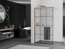 Mexen Kioto+ sprchový panel so stojanom Walk-in 100 x 200 cm, čierny vzor, brúsená meď - 800-100-121-65-77