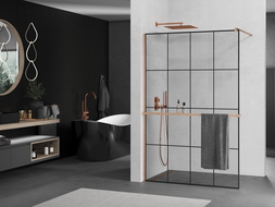 Mexen Kioto+ sprchový panel so sklenenou poličkou Walk-in 130 x 200 cm, čierny vzor, brúsená meď - 800-130-121-65-77