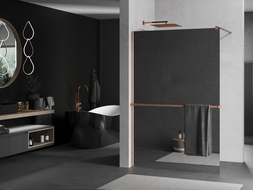 Mexen Kioto+ sprchová zástena s poličkou Walk-in 130 x 200 cm, zrkadlo, brúsená meď - 800-130-121-65-50