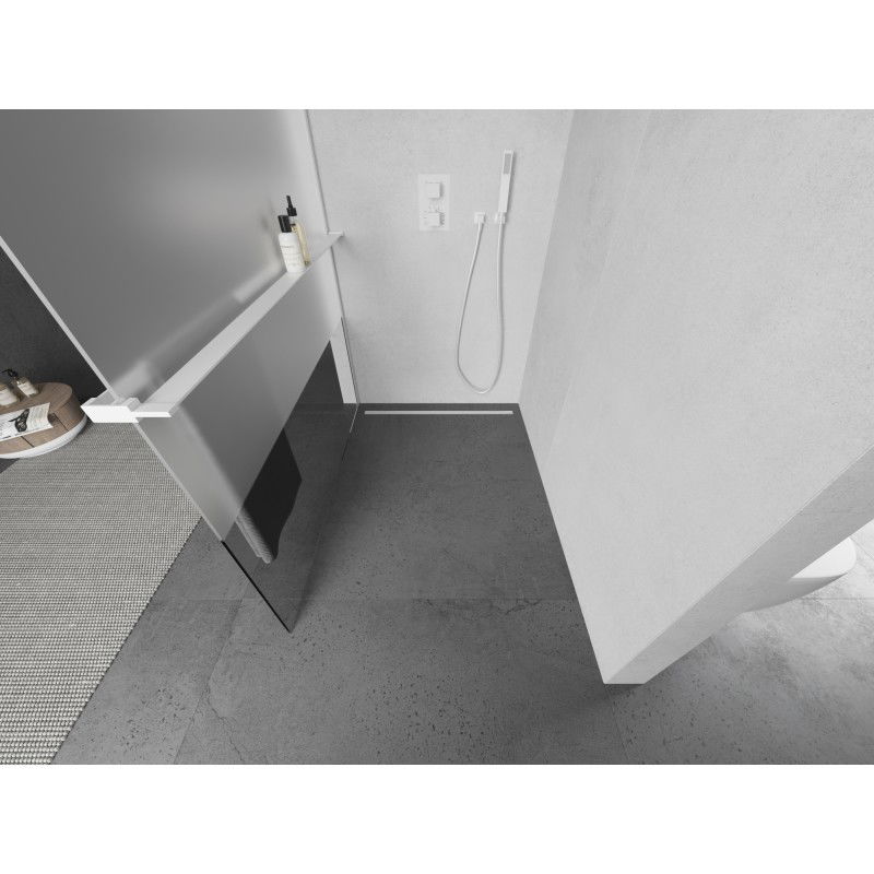 Mexen Kioto+ L sprchová stena s poličkou Walk-in 90 x 200 cm, transparentná/ledu, biela - 800-090-123-20-35