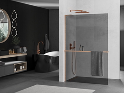Mexen Kioto+ L zástena sprchová s poličkou Walk-in 70 x 200 cm, grafit, brúsená meď - 800-070-123-65-40