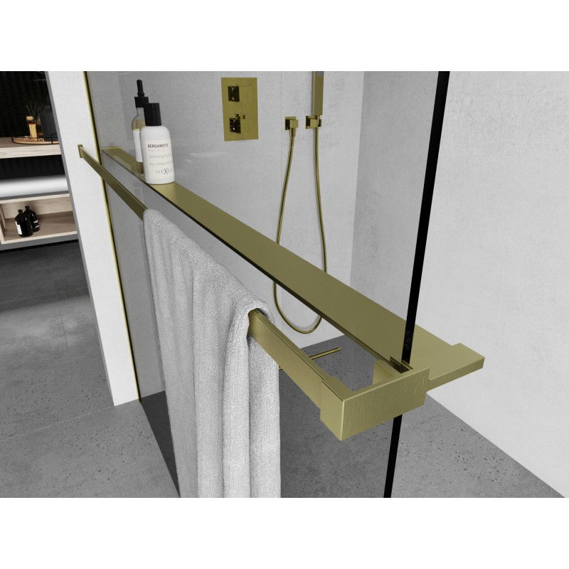 Mexen polička pre sprchovú stenu s relingom na uteráky, zlatá kartáčovaná - 800-02-55