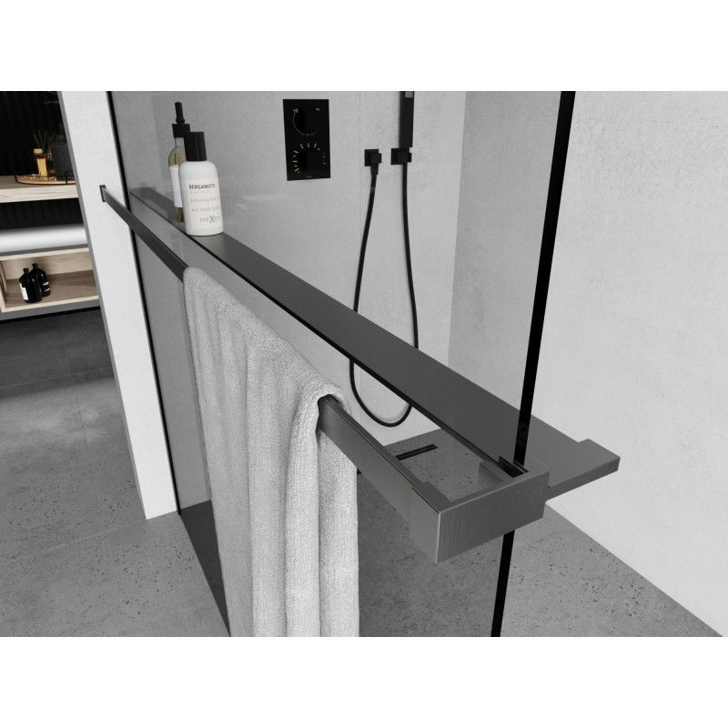 Mexen polička do sprchovej steny s tyčou na uteráky, brúsená gun gray - 800-02-66