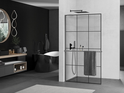 Mexen Kioto+ L sprchová stena s poličkou Walk-in 100 x 200 cm, čierny vzor, gun metal - 800-100-123-95-77