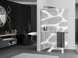 Mexen Kioto+ L sprchový panel s poličkou Walk-in 90 x 200 cm, biely vzor, gun metal - 800-090-123-95-97