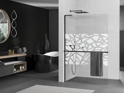 Mexen Kioto+ L sprchová zástená s policí Walk-in 90 x 200 cm, bílý vzor, černá - 800-090-123-70-85