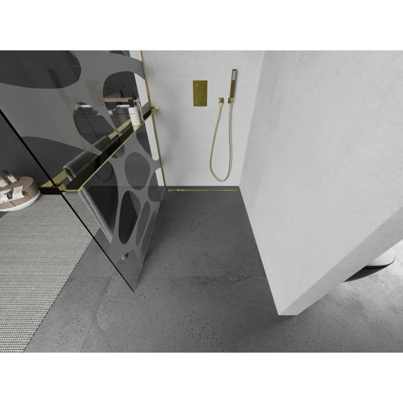 Mexen Kioto+ L sprchová stena s poličkou Walk-in 90 x 200 cm, biela vlna, zlatá - 800-090-123-50-97