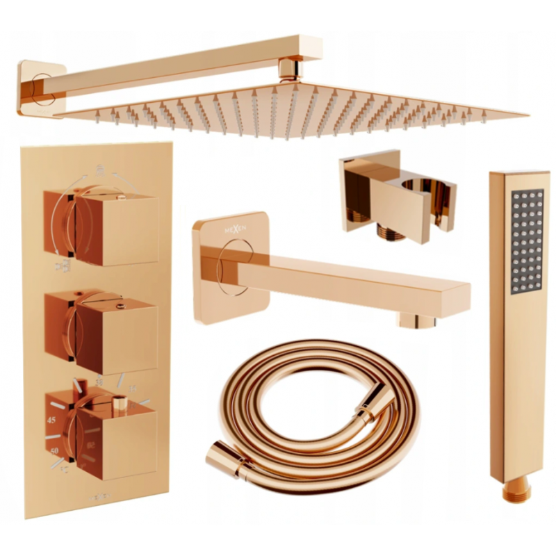 Mexen Cube DR02 podomietkový vaňovo-sprchový set s dažďovou hlavicou 30 cm, ružové zlato - 77503DR0230-60