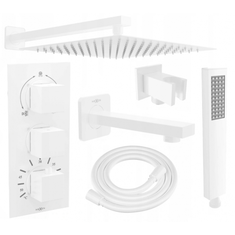 Mexen Cube DR02 sada podomietkového vaňovo-sprchového setu s dažďovou sprchou 25 cm, biela - 77503DR0225-20