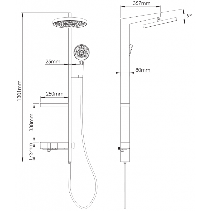 Mexen Dizzy nadstavbový sprchový set s dažďovou sprchou a batériou, čierny - 78104-70