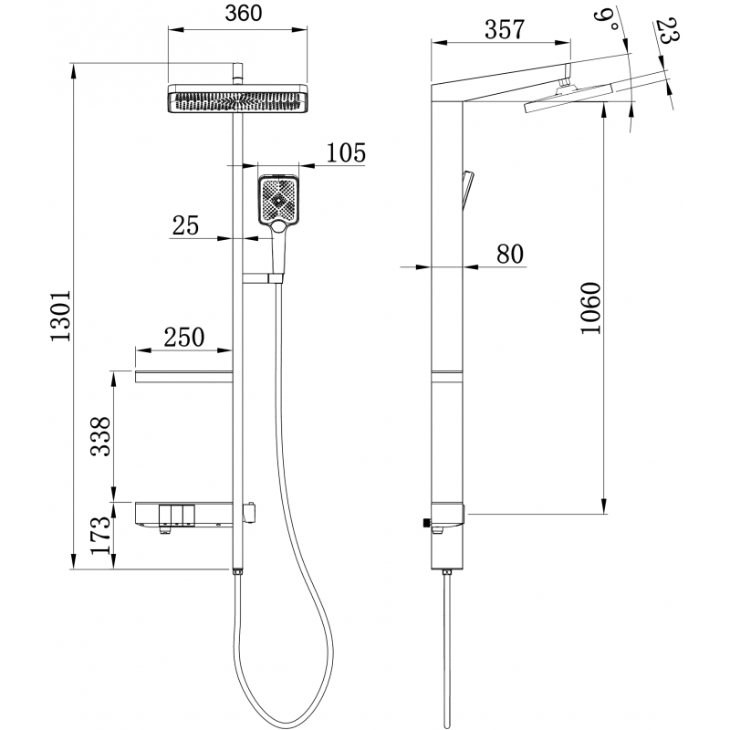 Mexen Roar nástenná sprchová súprava s dažďovou sprchou a batériou, čierna - 78105-70