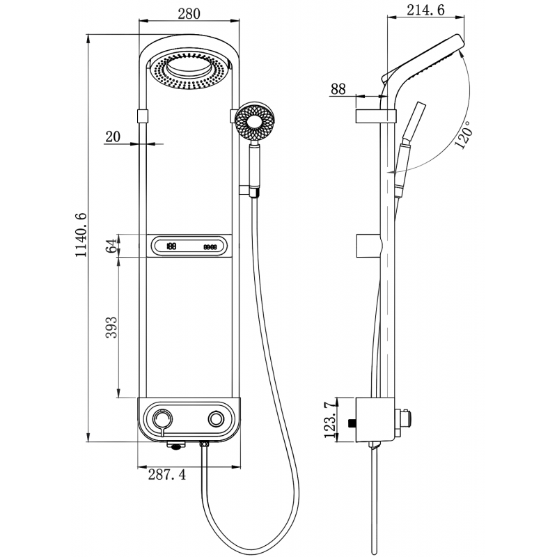 Mexen Peak nástenná sprchová súprava s dažďovou sprchou a batériou, LED displej, čierna - 78106-70