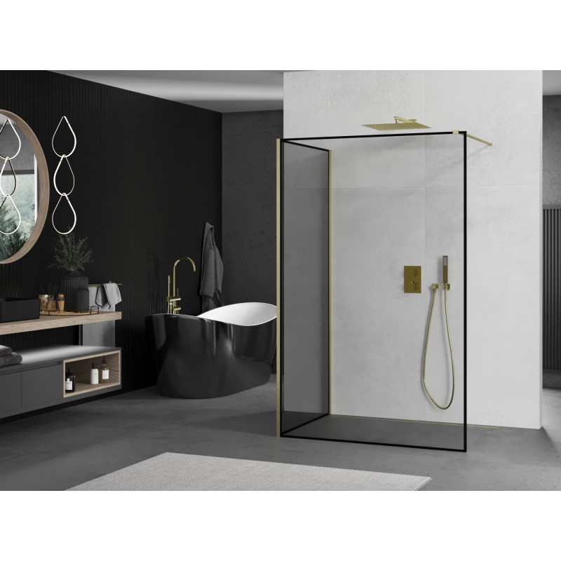 Mexen Kioto Sprchová stena Walk-in 90 x 80 cm, čierny rám, zlatá kartáčovaná - 800-090-212-55-70-080
