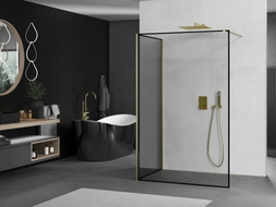 Mexen Kioto Sprchová stena Walk-in 90 x 80 cm, čierny rám, zlatá kartáčovaná - 800-090-212-55-70-080
