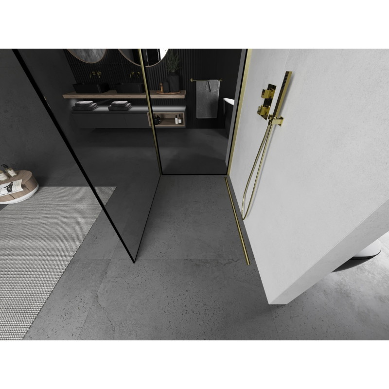 Mexen Kioto Sprchová stena Walk-in 90 x 80 cm, čierny rám, zlatá kartáčovaná - 800-090-212-55-70-080