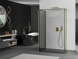 Mexen Kioto sprchová stena Walk-in 140 x 70 x 40 cm, čierny vzor, zlaté kartáčované - 800-140-070-221-55-70-040