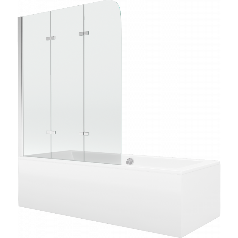 Mexen Cube obdĺžniková vaňa 180 x 80 cm s panelom a trojsklopným paravánom 120 cm, transparentný, chróm