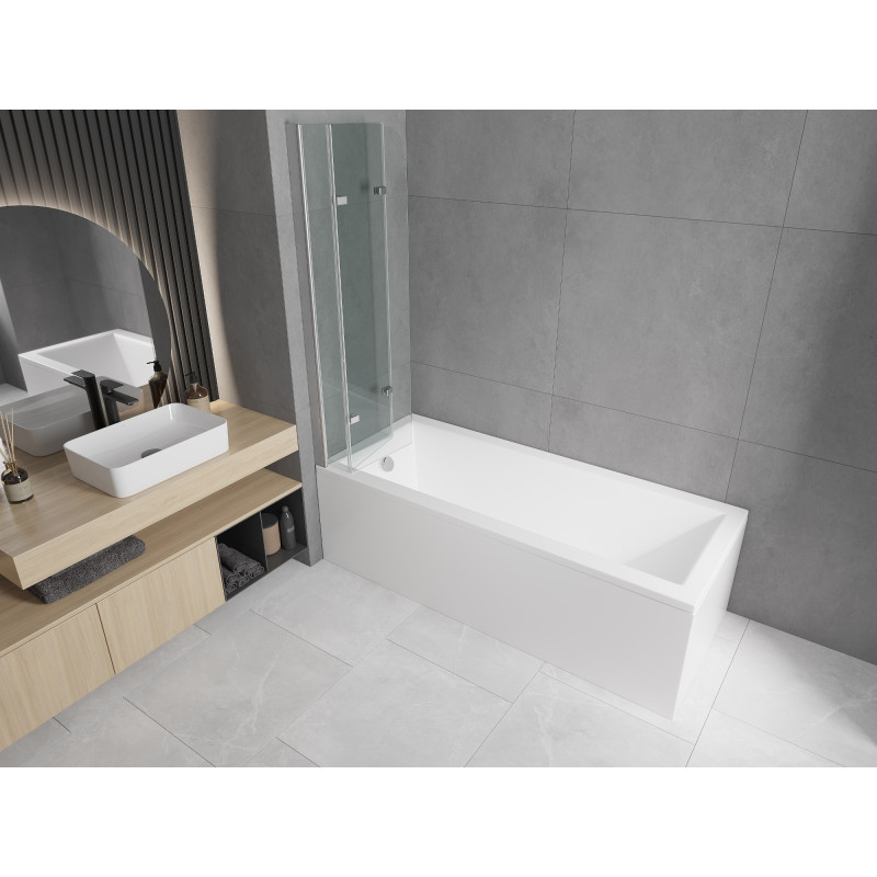 Mexen Cubik obdĺžniková vaňa 150 x 70 cm s panelom a 3-dielnou zástenou 120 cm, transparentná, chróm