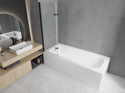 Mexen Vega obdĺžniková vaňa 150 x 70 cm s obkladom a 2-krídlovou zástennou stenou 100 cm, transparentná, čierna