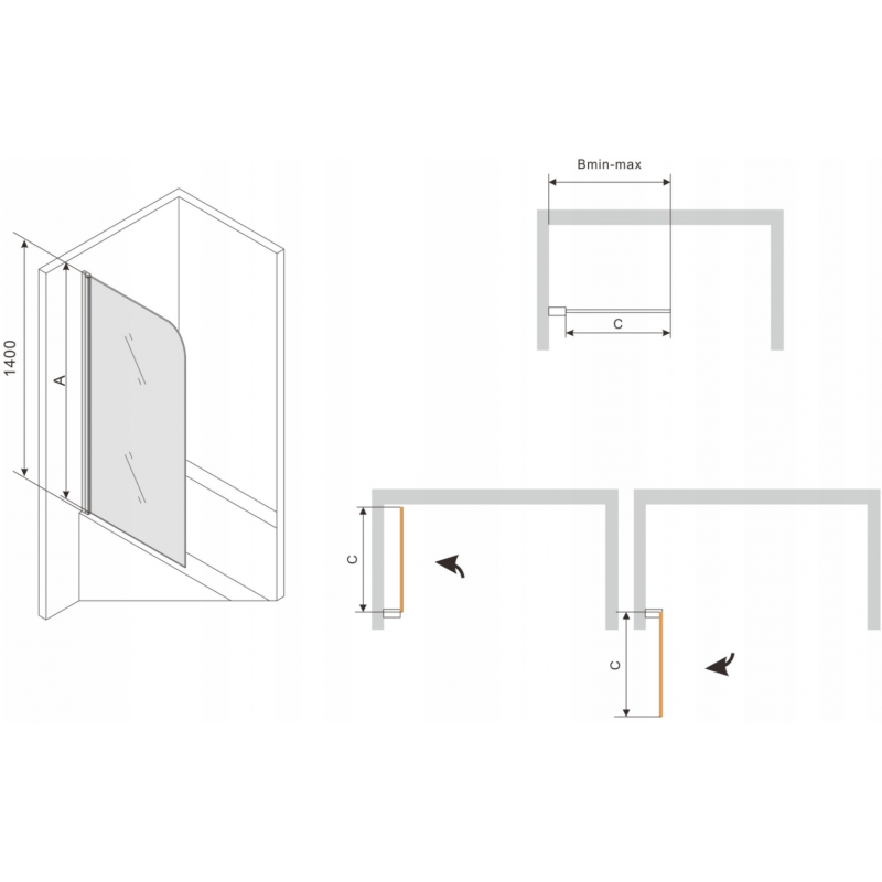 Mexen Vega obdĺžniková vaňa 180 x 80 cm s obložením a 1-krídlovým zástenom 70 cm, transparentná, čierna - 550118080X9007017000