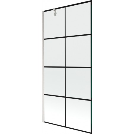 Mexen Next sprchová zástenová clona 1-krídlová 90 x 150 cm, čierna mriežka, brúsený nikel - 895-090-000-00-77-97