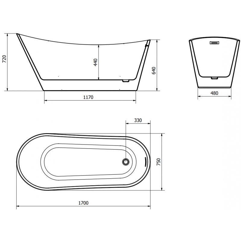 Mexen Alta voľne stojaca vaňa 170 x 75 cm, biela, biely prepad - 52141707500-20
