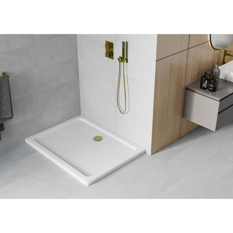 Mexen Flat obdĺžniková sprchová vanička slim 140 x 100 cm, biela, sifón zlatý - 40101014G